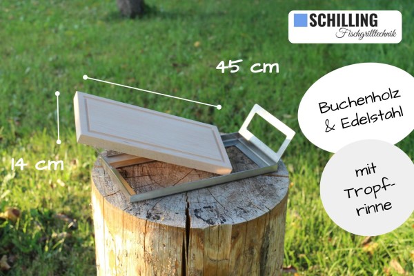 Grillbrett / Räucherbrett 45x14x2 cm aus Buche mit Griffschale